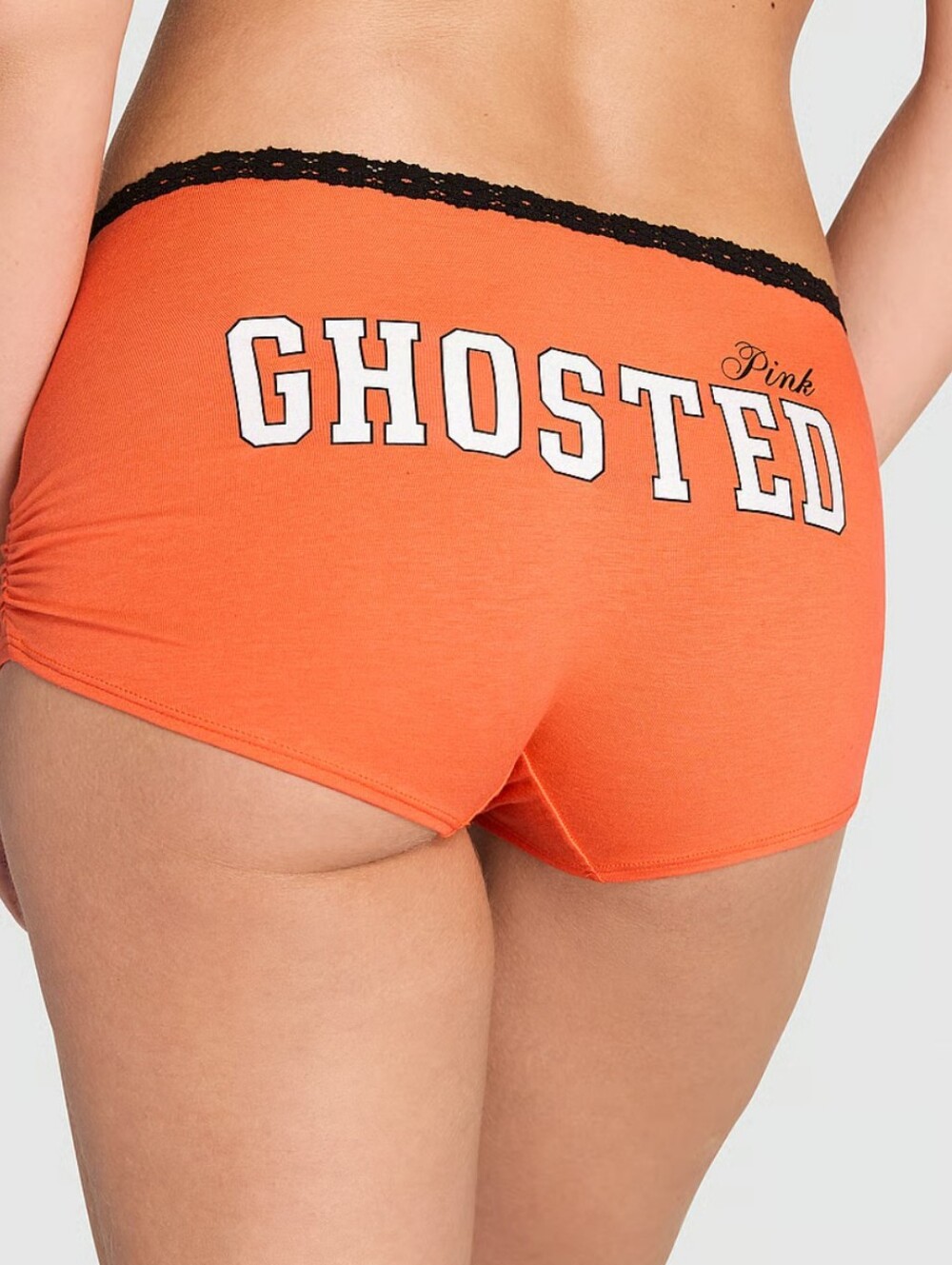 PINK Victoria's Secret Orange 'GHOSTED' Lace-waist Dorm Short Panty Med 🆕